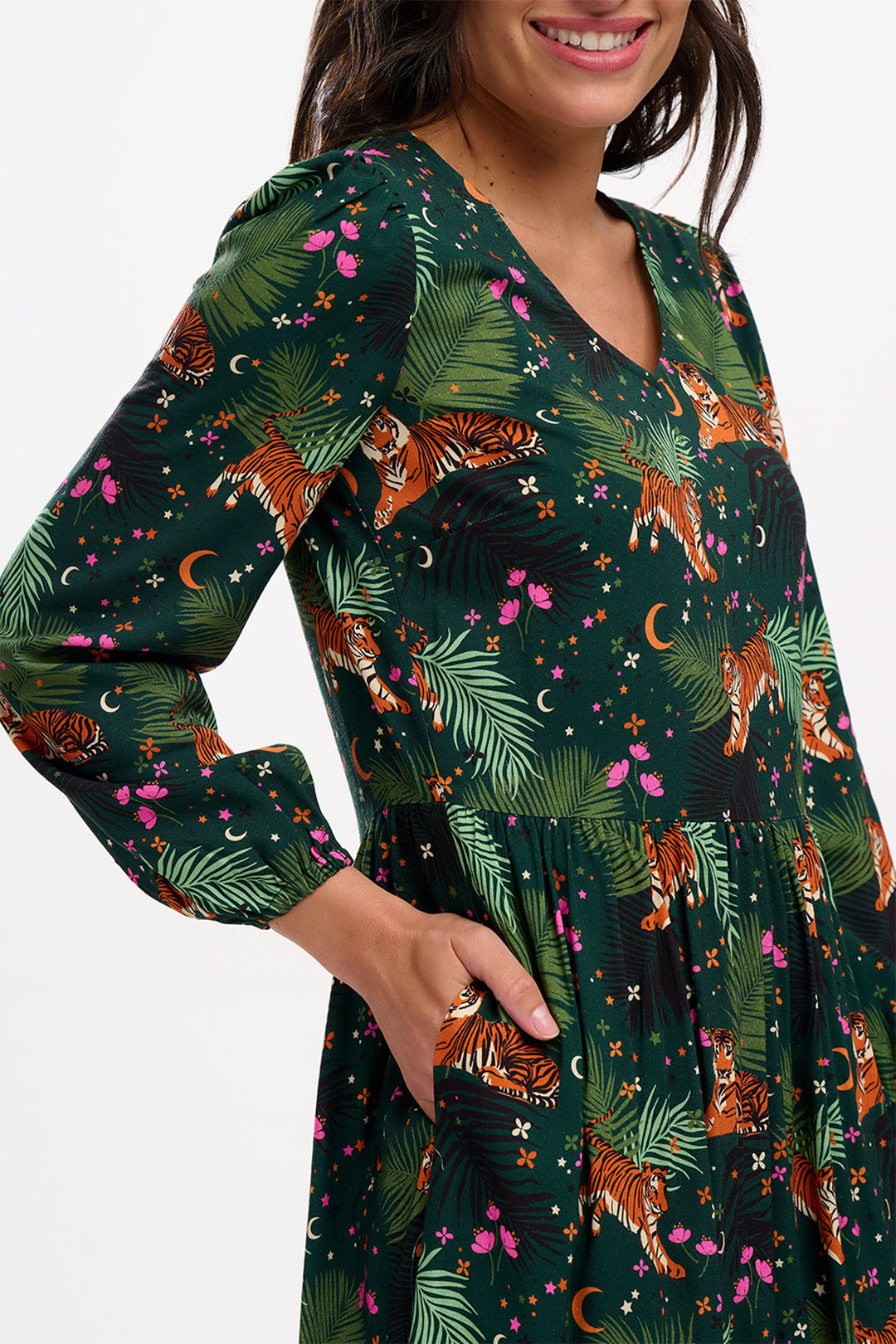 Sugarhill Brighton Green Tigers & Palms Sidney Midi Smock Dress - Experience Boutique