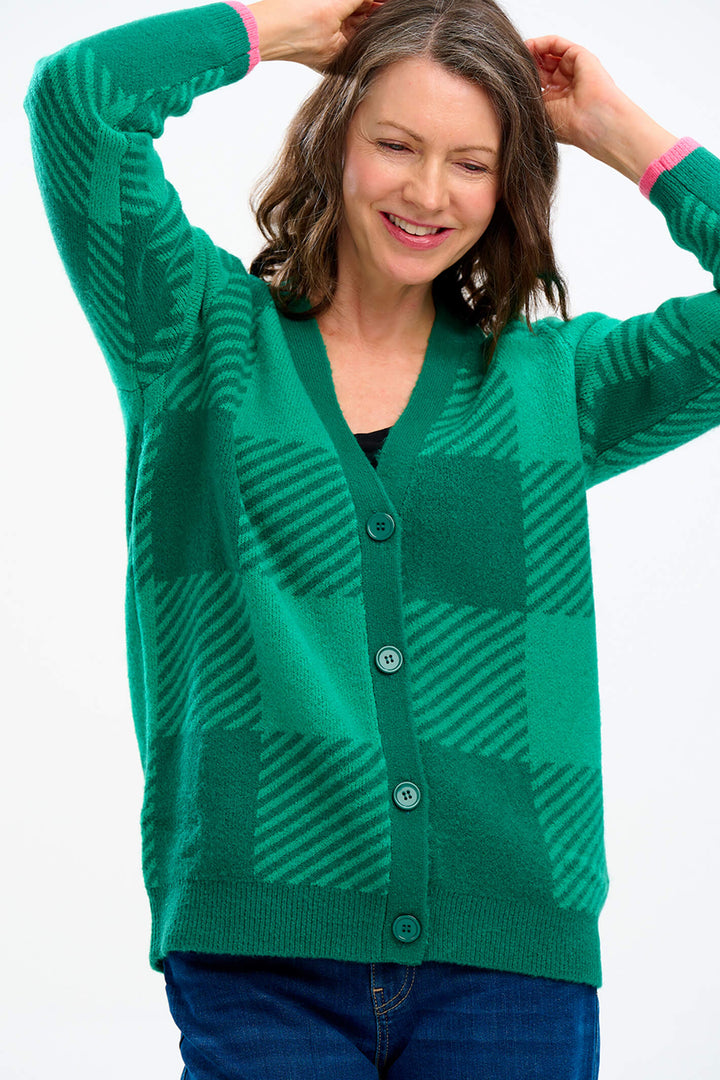 Sugarhill Brighton K0738 Green Checkerboard Rhea Cardigan - Experience Boutique