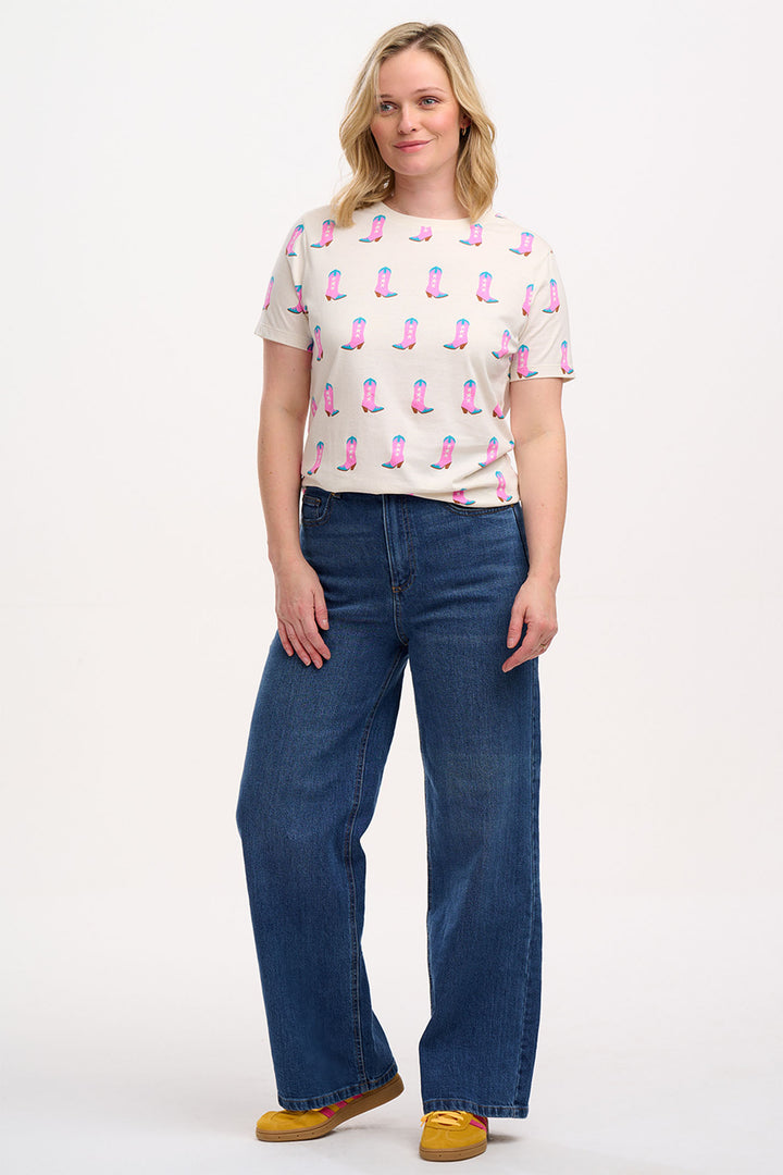 Sugarhill Brighton Maggie T-Shirt Off-White Pink Cowgirl Boots Print T0903 - Experience Boutique