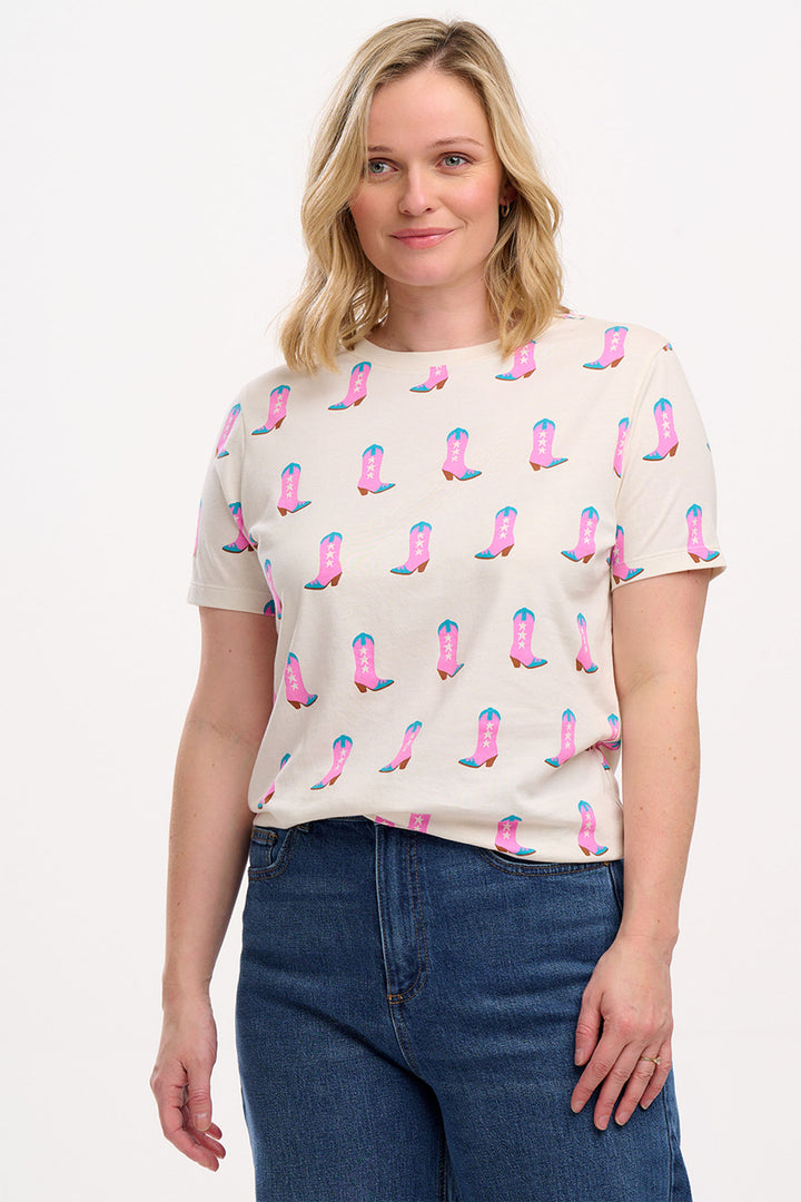 Sugarhill Brighton Maggie T-Shirt Off-White Pink Cowgirl Boots Print T0903 - Experience Boutique