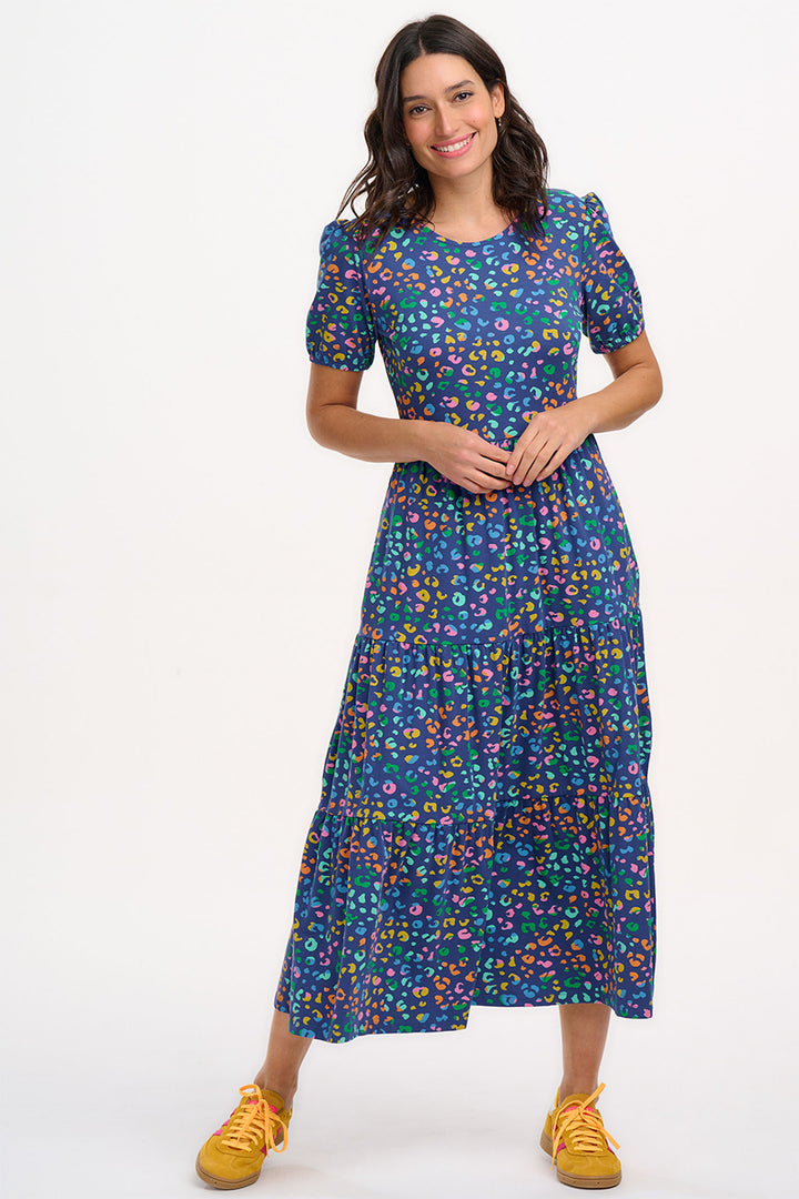 Sugarhill Brighton Minerva Jersey Tiered Midi Dress Bright Navy Leopard D1278 - Experience Boutique