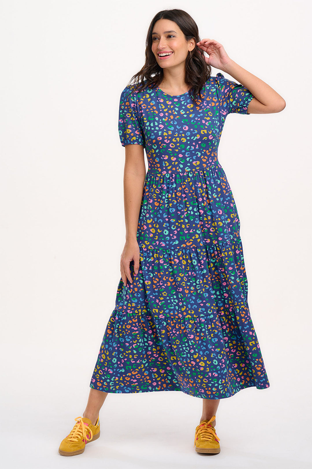 Sugarhill Brighton Minerva Jersey Tiered Midi Dress Bright Navy Leopard D1278 - Experience Boutique