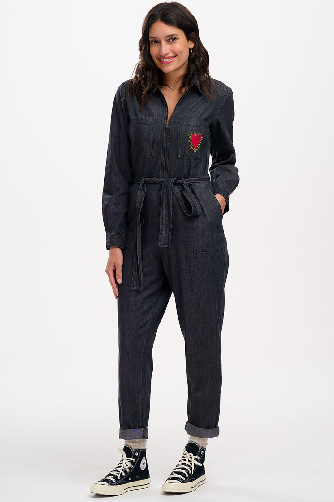 Sugarhill Brighton Washed Black Anwen Heart Burst Jumpsuit - Experience Boutique