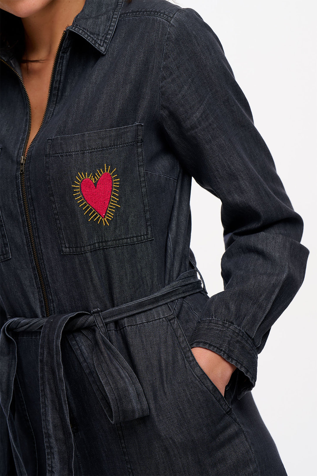 Sugarhill Brighton Washed Black Anwen Heart Burst Jumpsuit - Experience Boutique