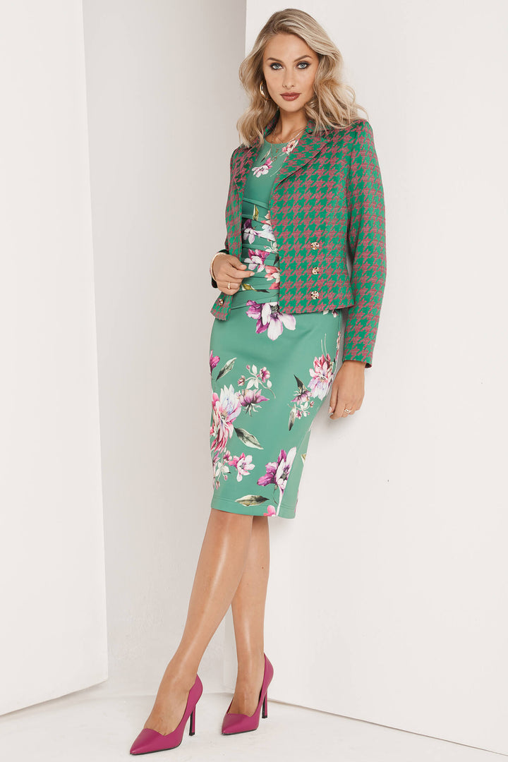 Tia 78370 Green Floral Ruched Cap Sleeve Dress - Experience Boutique