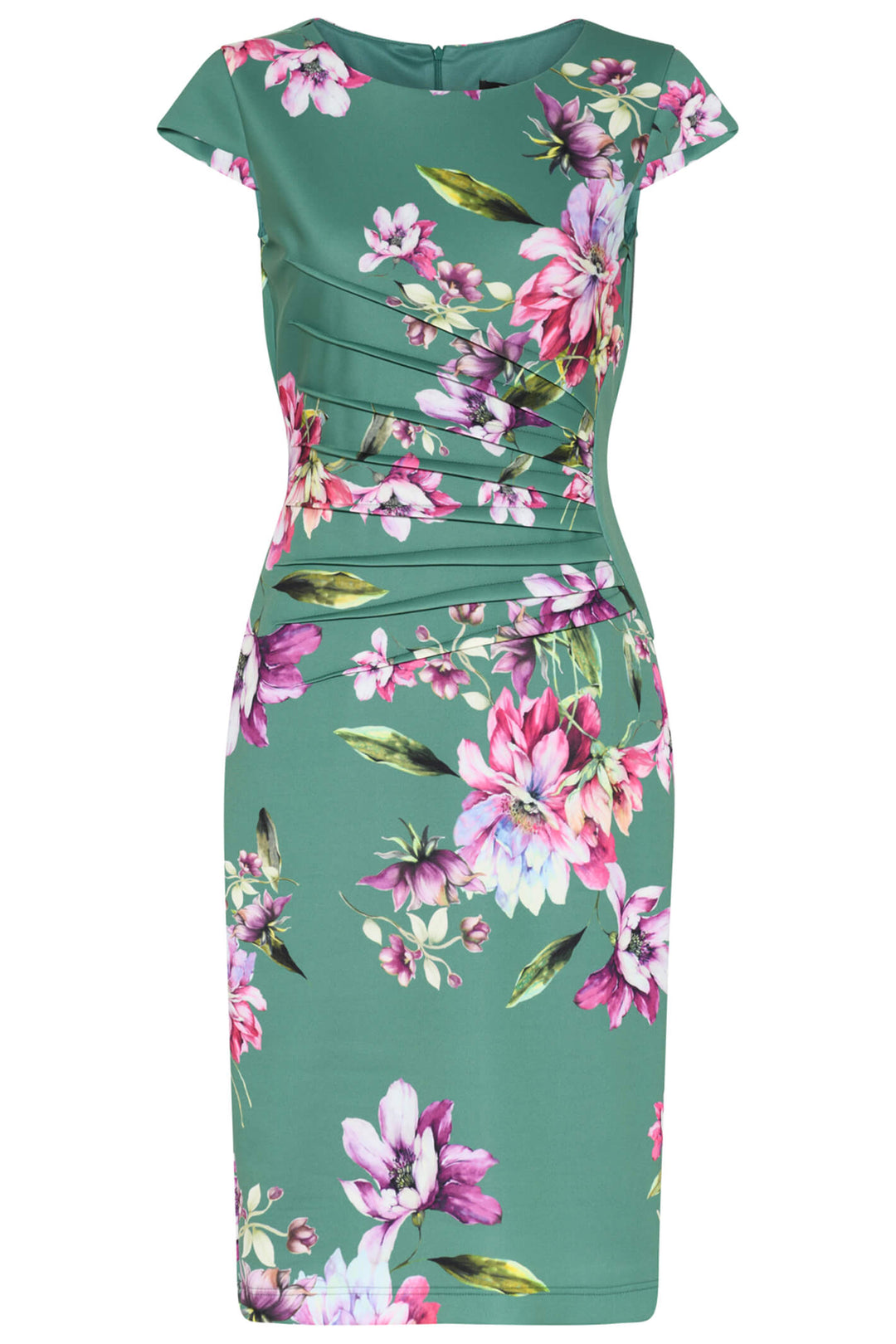 Tia 78370 Green Floral Ruched Cap Sleeve Dress - Experience Boutique