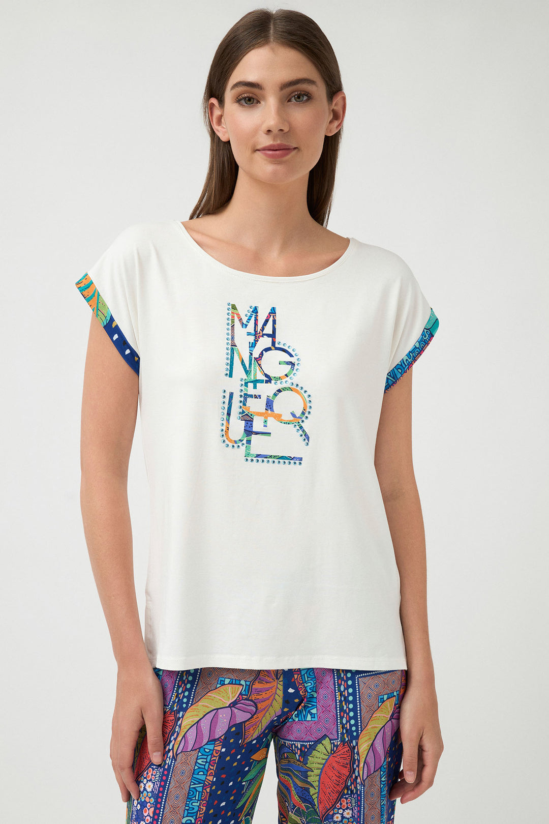 Tinta Baster Motif Wide Neck T-Shirt White - Experience Boutique