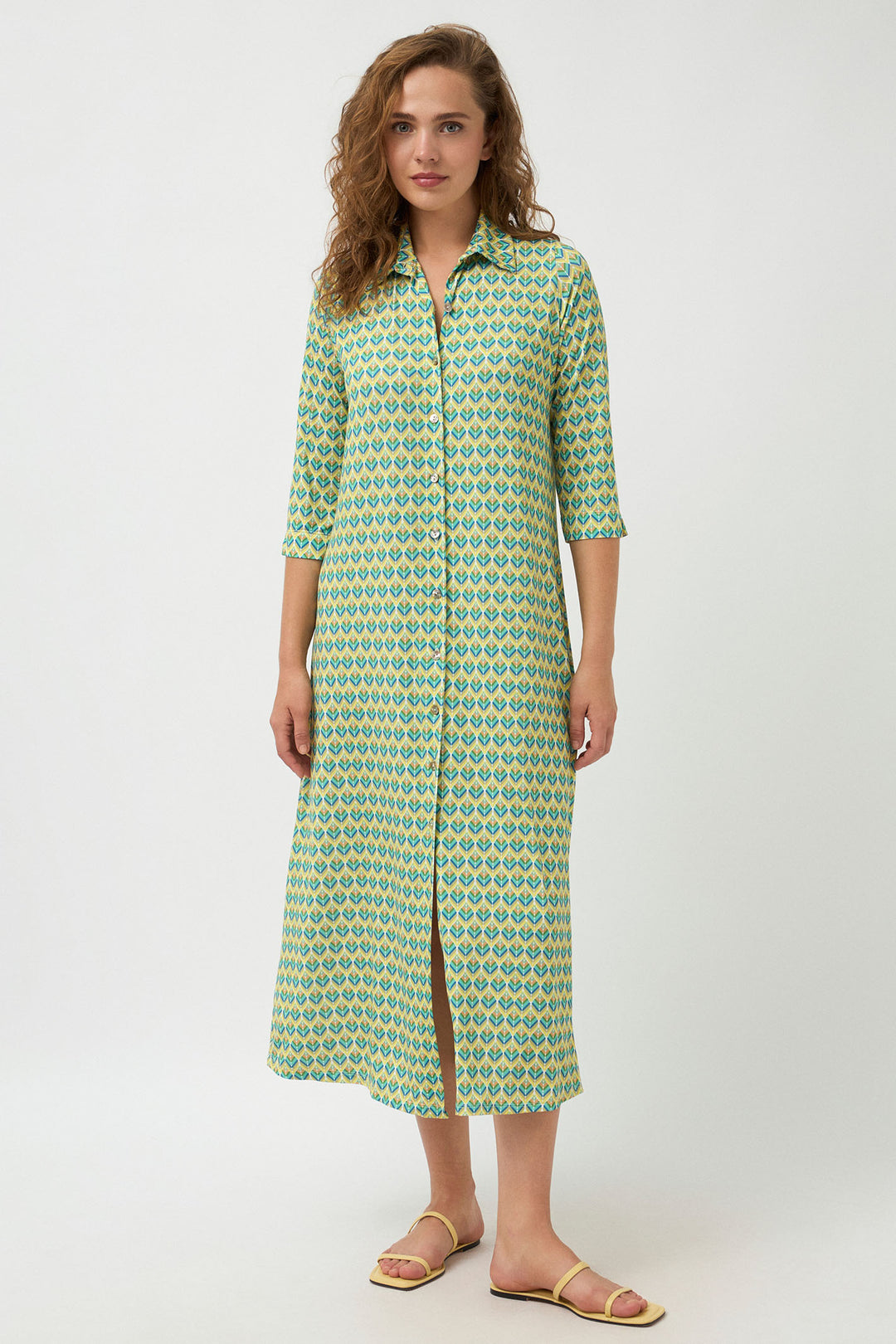 Tinta Reiko Shirt Dress Green Print Midi Length - Experience Boutique