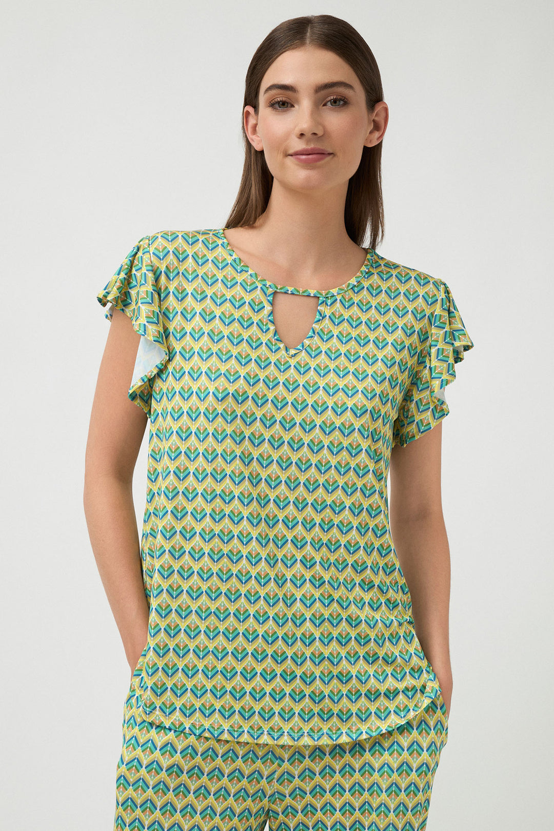 Tinta Yumi Waterfall Sleeve Print Top Green - Experience Boutique