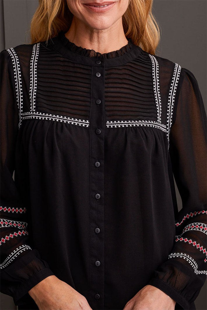 Tribal 1956O-8044 Black Folk Stitch Chiffon Blouse - Experience Boutique