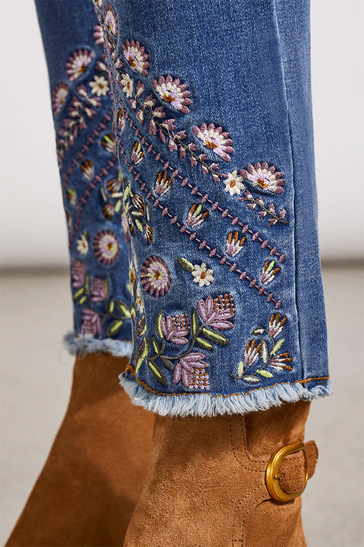 Tribal 5675O-4960 Blue Quartz Embroidered Floral Jeans - Experience Boutique