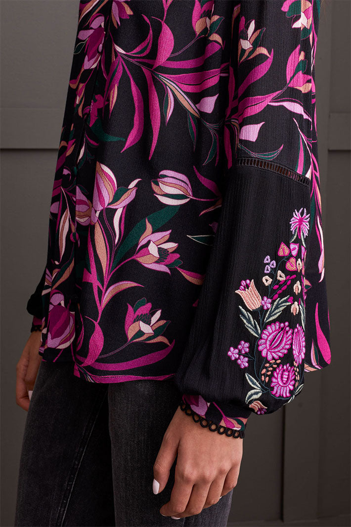 Tribal 5682O-4892 Deep Magenta Pink Flower Print Blouse - Experience Boutique