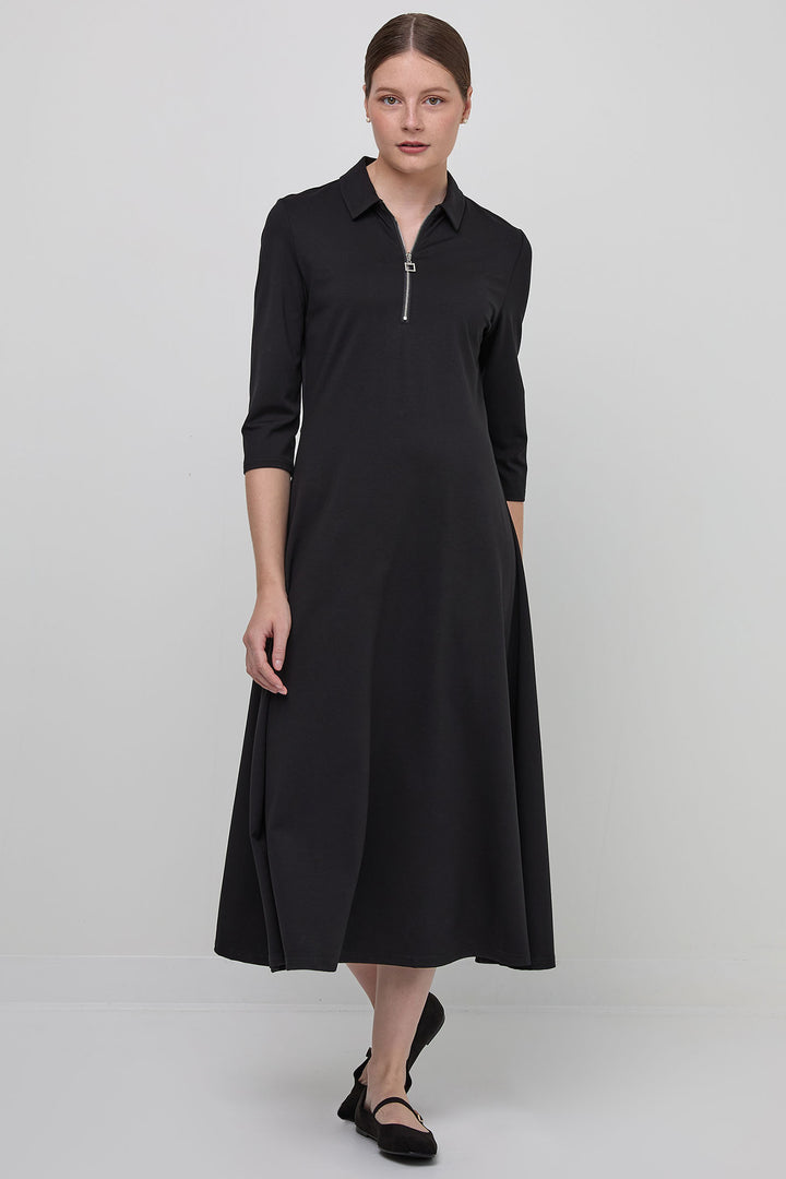 Uchuu CF24-001 Black Half Zip Collared Midi Dress - Experience Boutique