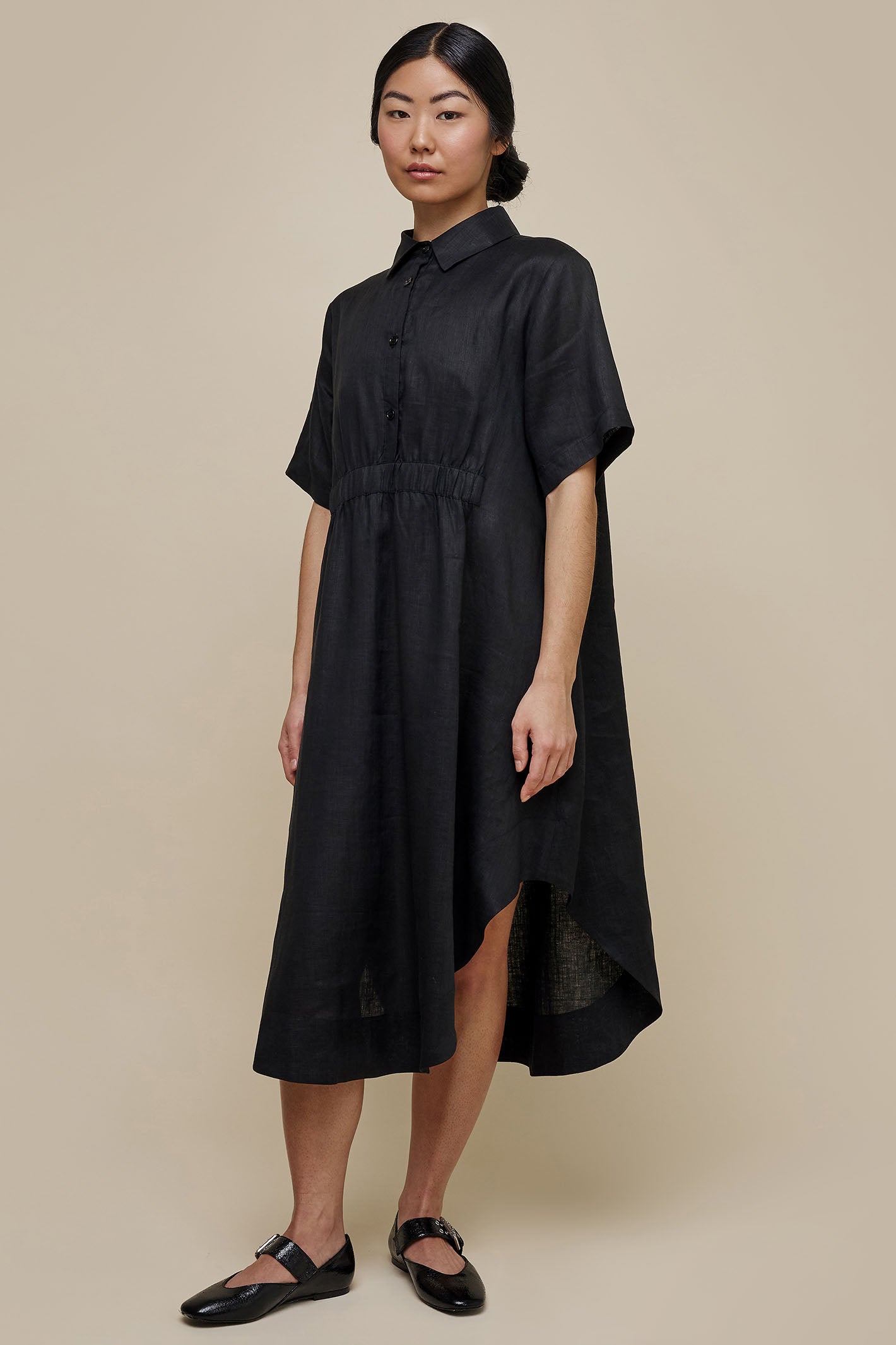 Uchuu CS24 012 Black Linen A Line Oversized Shirt Dress