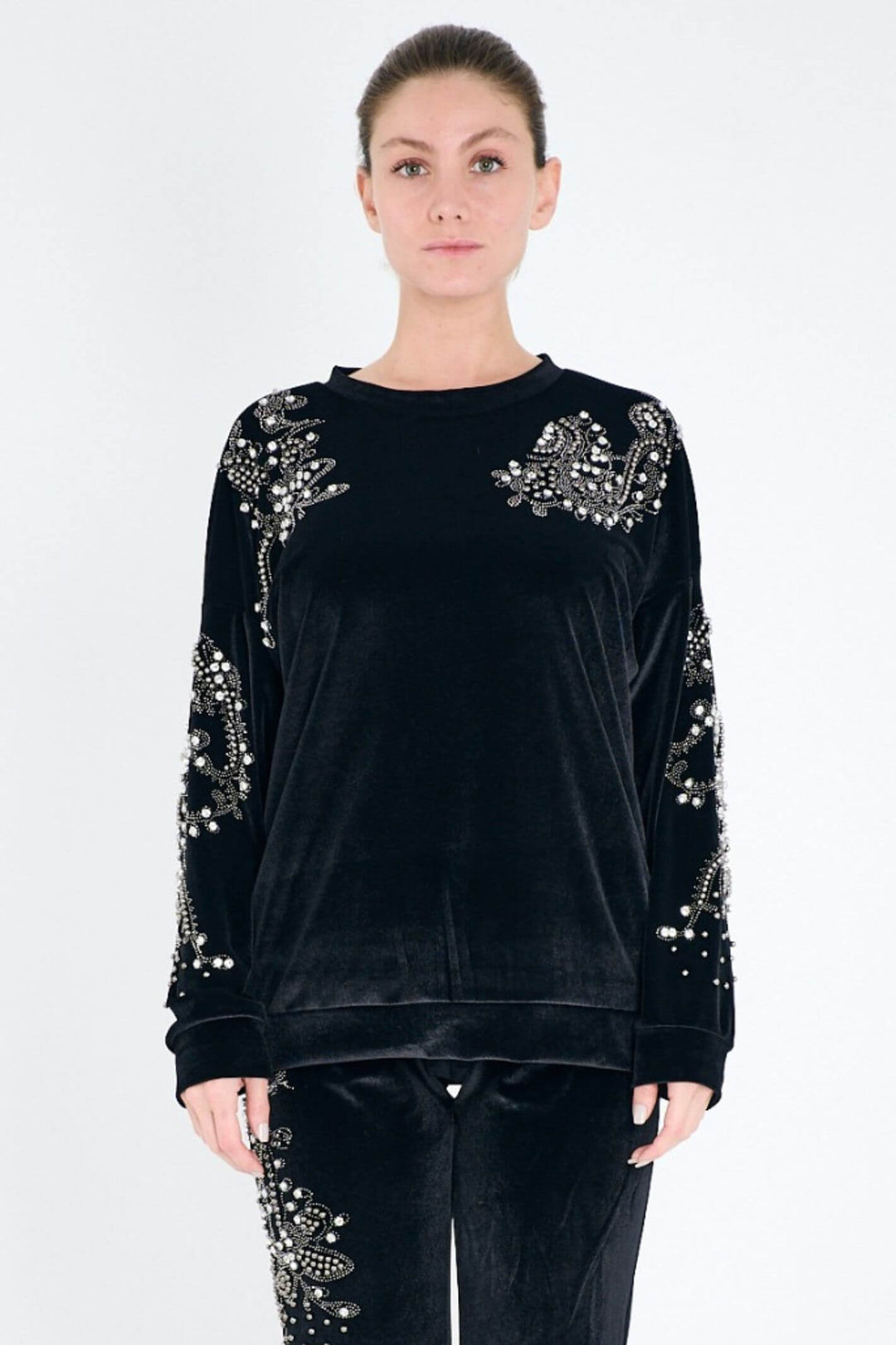 Black 9363 Velour Pearl Embroidered Jumper