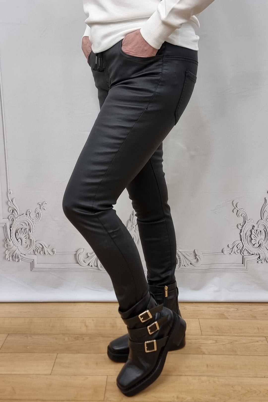 Black Coated Magic Stretch Pull-On Jeans