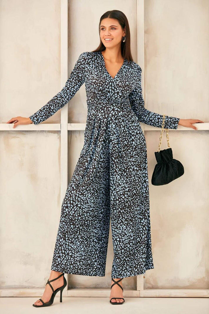 Black & Blue Animal Print Wrap Culotte Jumpsuit