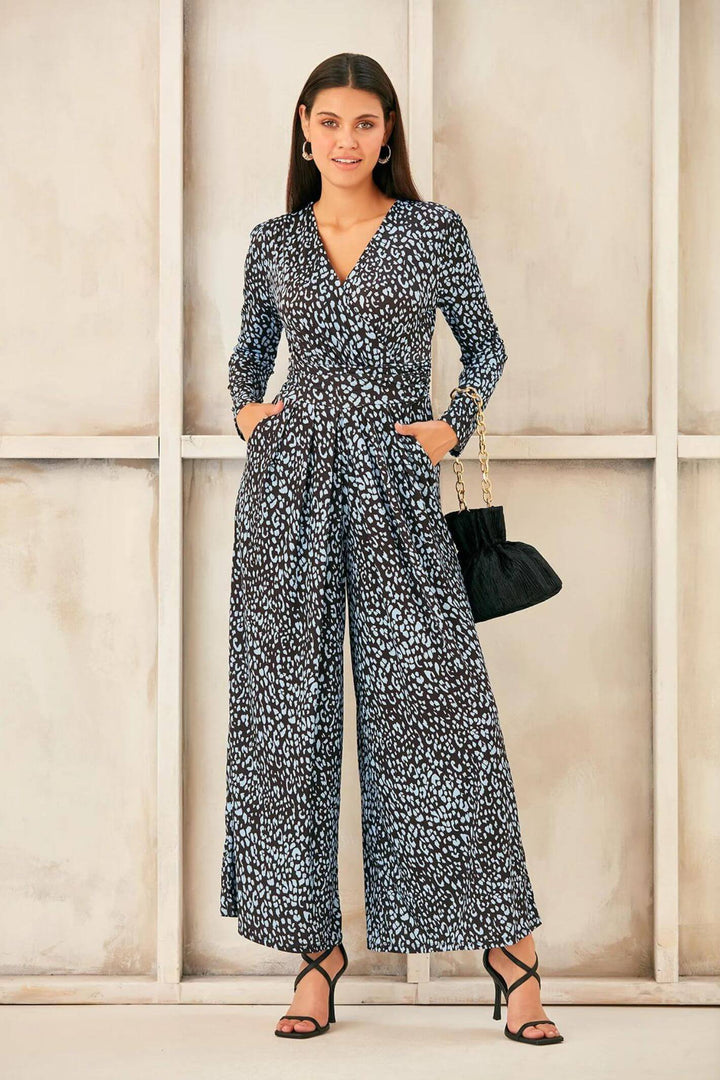 Black & Blue Animal Print Wrap Culotte Jumpsuit