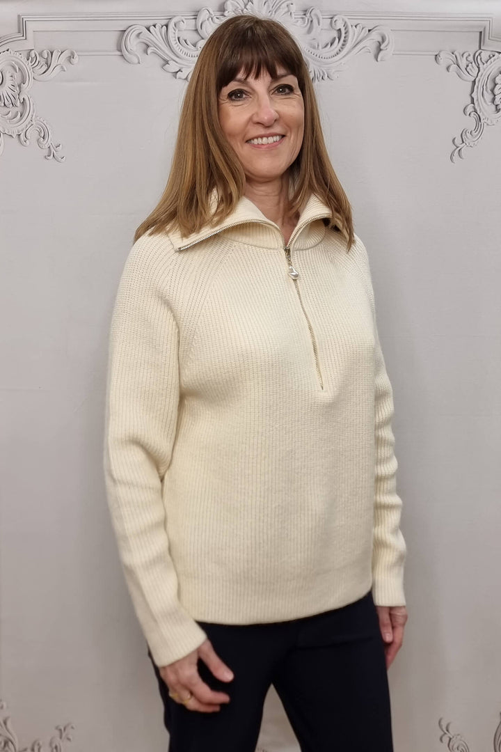 Cream Pearl Detail Half Zip Cashmere Blend Knitted Jumper