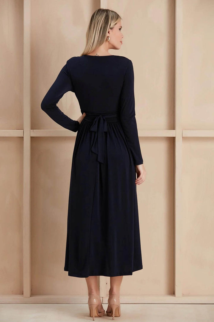 Long Sleeve Navy Wrap Over Midi Dress