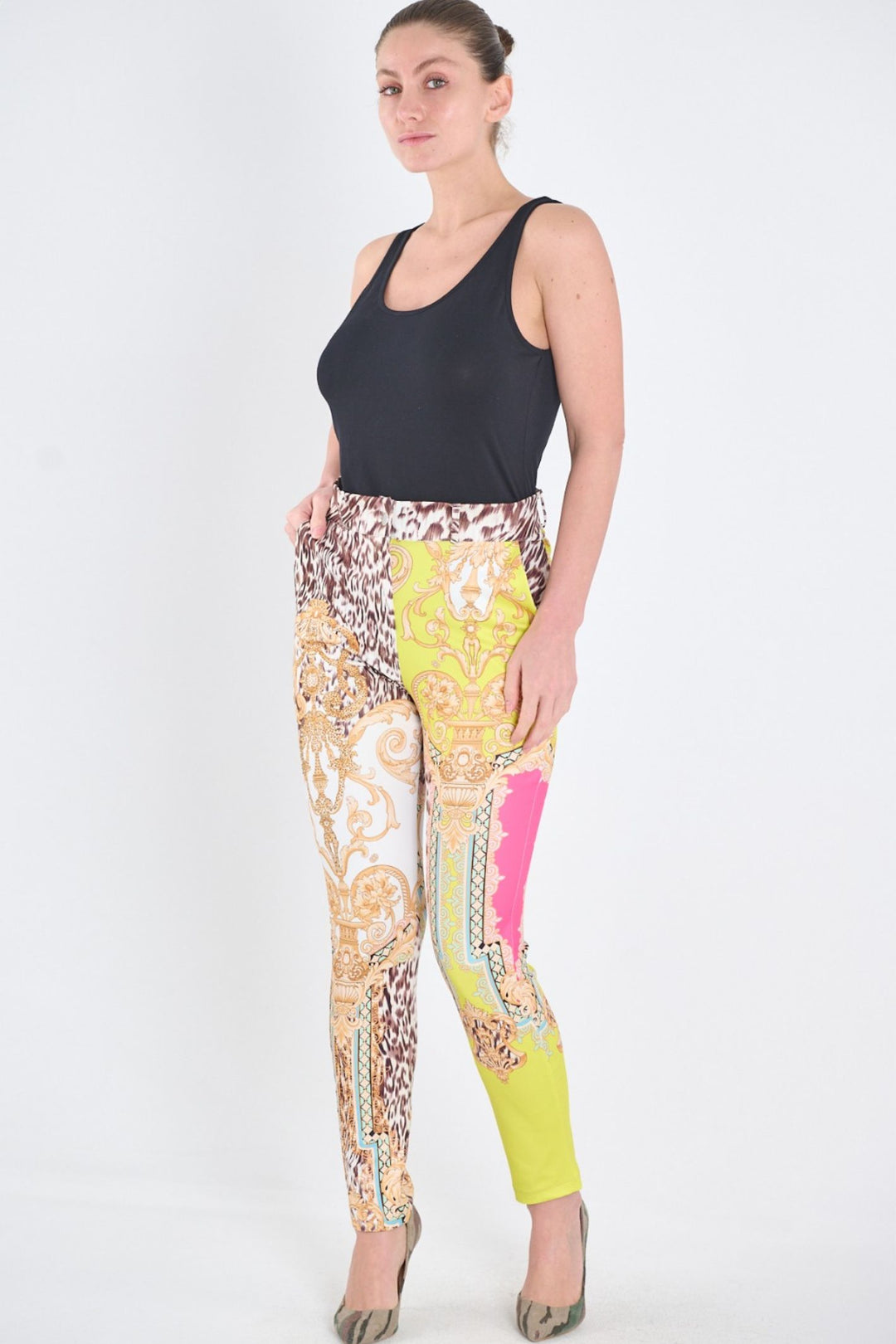 Yellow 10011 Printed Embellished Trousers