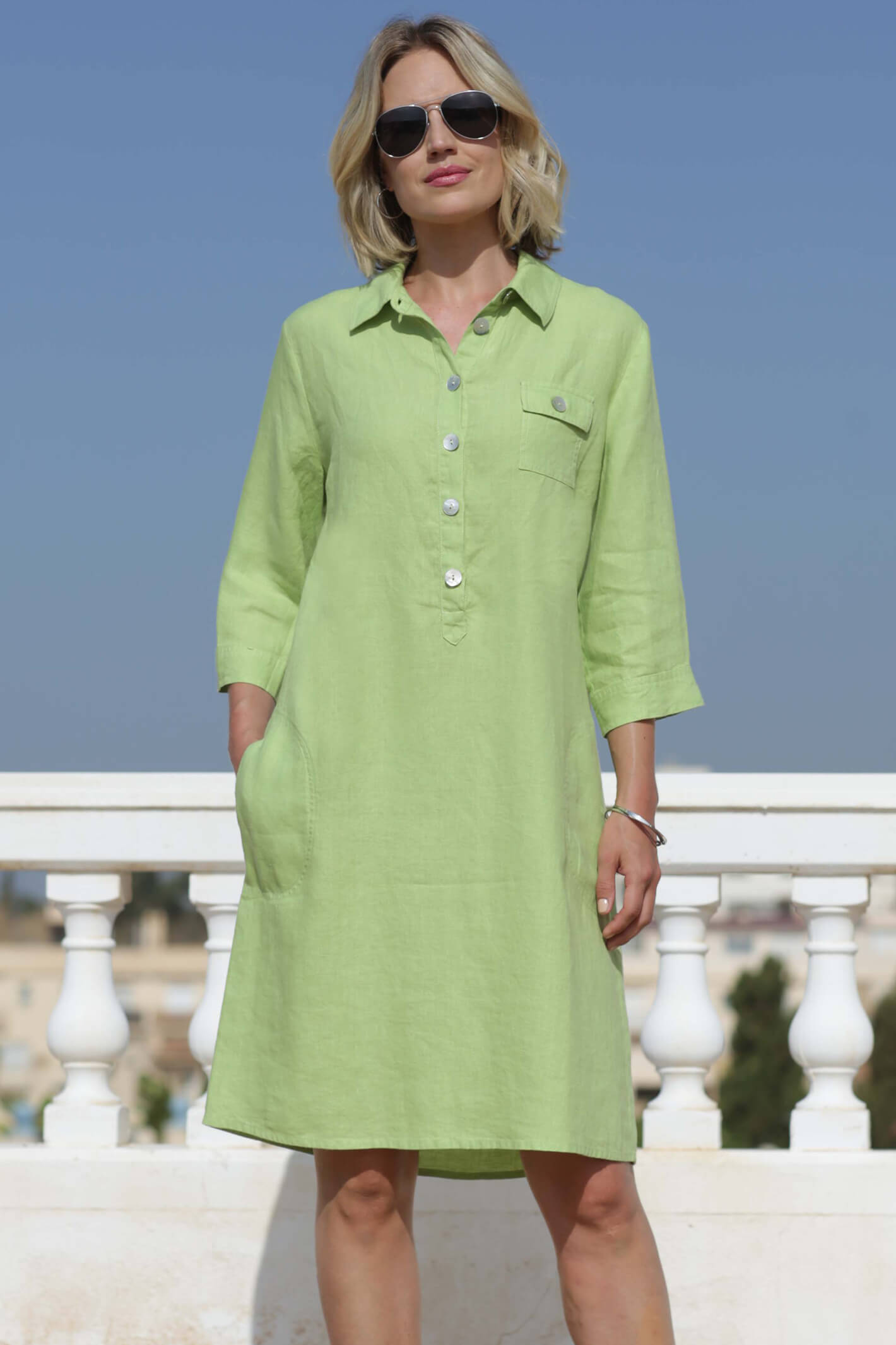 Pomodoro 42307 Apple Green Linen Shirt Dress – Experience Boutique