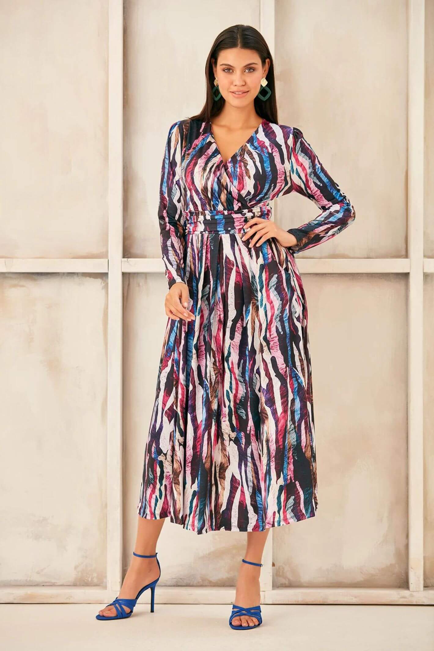 Purple Print Long Sleeve Midi Dress