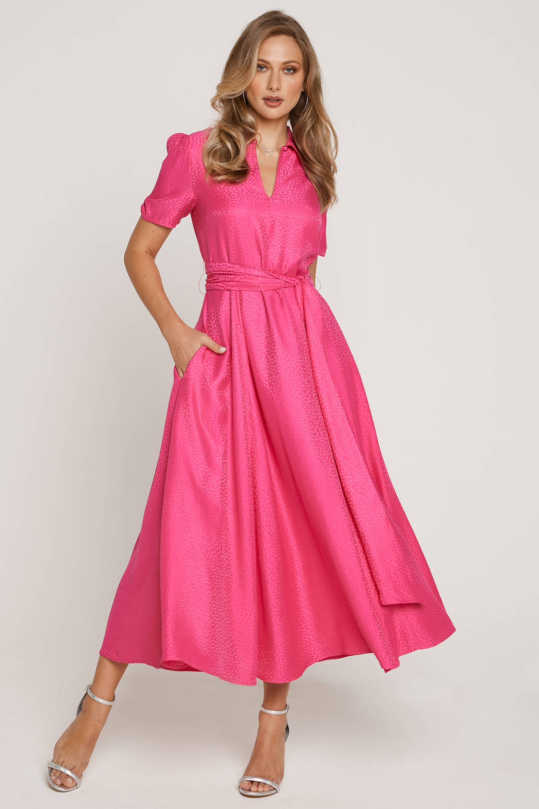 Tia 78603 Fuchsia Pink V-Neck Midi Dress