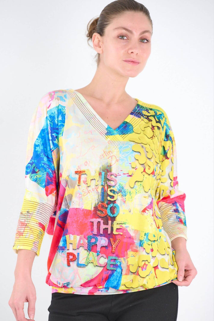 Yellow 6364 Happy Multi-Print Top