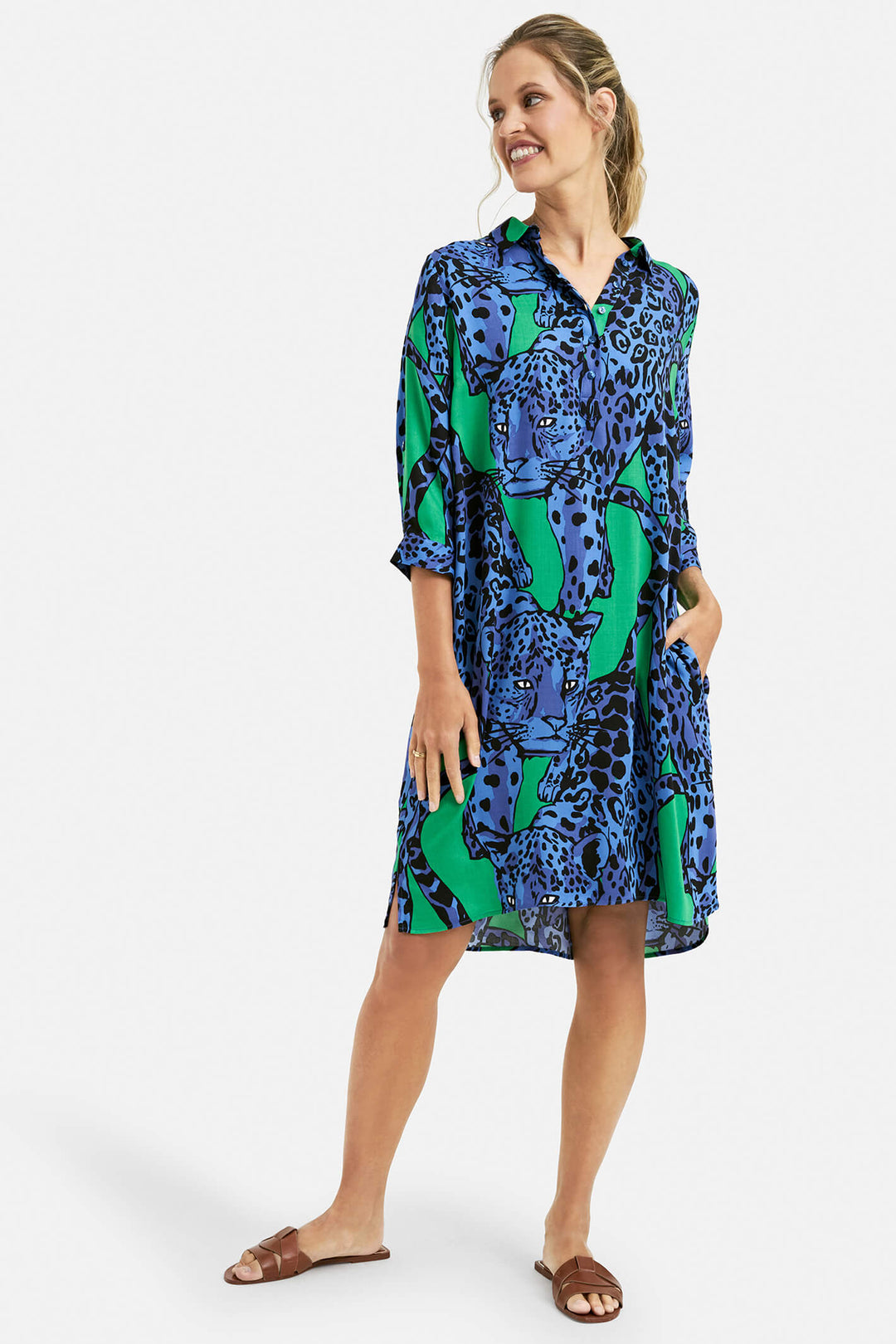 Milano 6031 Denim Blue Leopard Print Shirt Dress - Experience Boutique