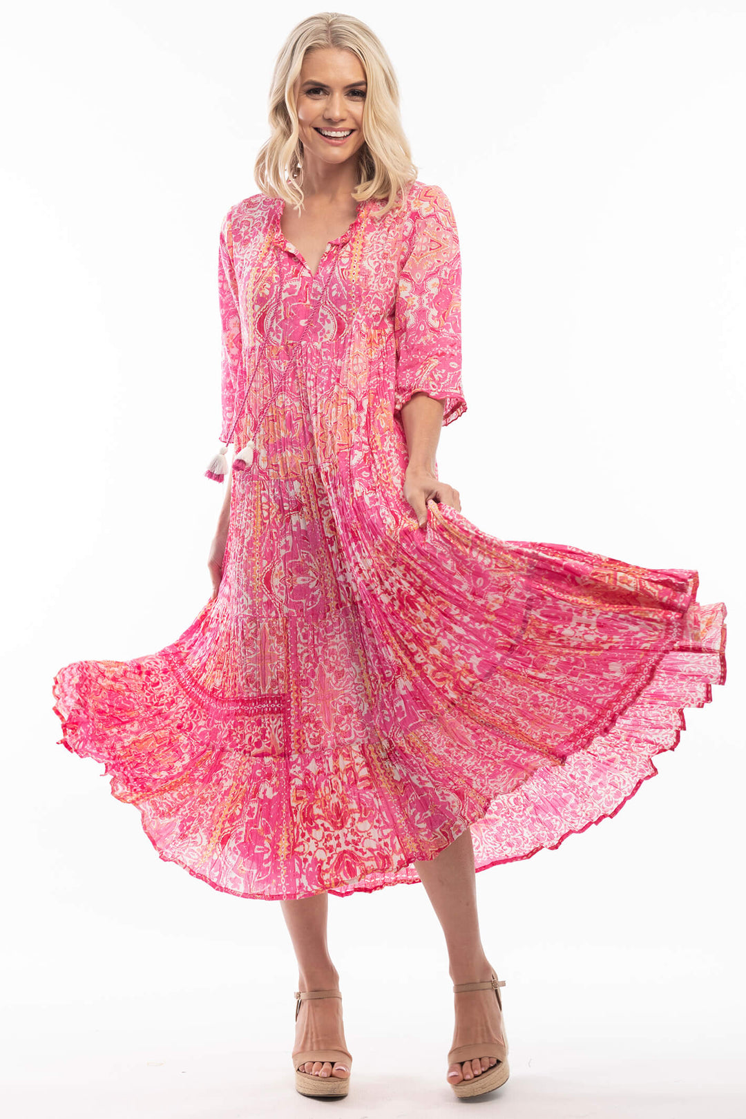 Orientique 4144 Pink Kotor Print Midi Dress - Experience Boutique