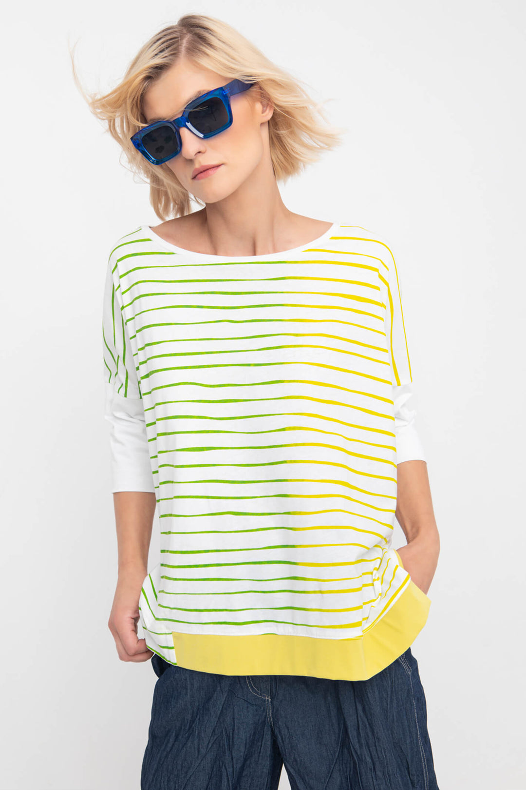 Ozai N Ku R22-236 Eden Green Stripe Wide Neck Top - Experience Boutique